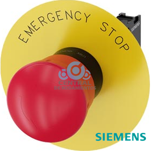 Pulsador de seta de parada de emergencia, 22 mm, redondo, plastico, rojo, 40 mm, enclavamiento positivo, segun EN ISO 13850 desenclavamiento por giro, con placa de fondo amarilla, inscripcion: