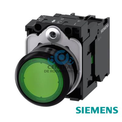 pulsador luminoso, 22 mm, redondo, plastico, verde, boton, rasante, momentaneo, con soporte, 1 NA, modulo de LED con LED intgr. 110 V AC, borne de tornillo