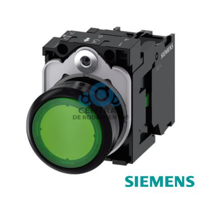 pulsador luminoso, 22 mm, redondo, plastico, verde, boton, rasante, momentaneo, con soporte, 1 NA, modulo de LED con LED intgr. 230 V AC, borne de tornillo