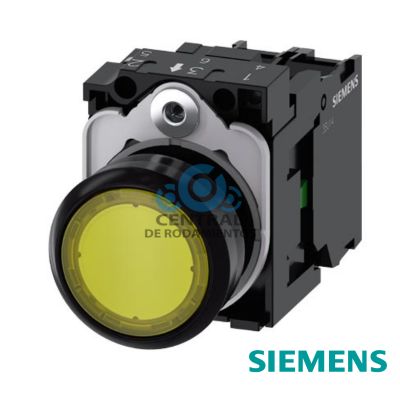pulsador luminoso, 22 mm, redondo, plastico, amarillo, boton, rasante, momentaneo, con soporte, 1 NA, modulo de LED con LED intgr. 230 V AC, borne de tornillo