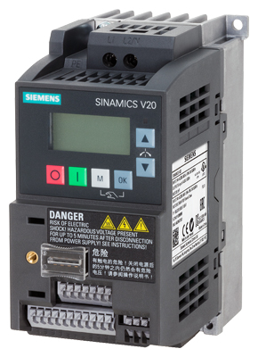 SINAMICS V20 200-240 V 1 AC â€“10/+10% 47-63 Hz potencia nominal 0,75 kW con sobrecarga del 150 % durante 60 s sin filtrar E/S: 4 DI, 2 DO, 2 AI, 1 AO bus de campo: USS/Modbus RTU con panel de