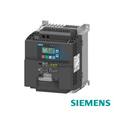 SINAMICS V20 200-240 V 1 AC â€“15/+10% 47-63 Hz 2,2 kW con 150% de sobrecarga durante 60 s sin filtro E/S: 4 DI, 2 DQ, 2 AI, 1 AO bus de campo: USS/Modbus con panel de operador basico integrado