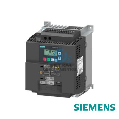 SINAMICS V20 200-240 V 1 AC –15/+10% 47-63 Hz 2,2 kW con 150% de sobrecarga durante 60 s sin filtro E/S: 4 DI, 2 DQ, 2 AI, 1 AO bus de campo: USS/Modbus con panel de operador básico integrado