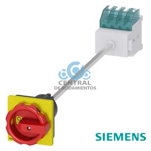 SENTRON, interruptor-seccionador 3LD, Pulsador de parada de emergencia, 4- polos, Iu: 16 A, Potencia de empleo / con AC-23 A a 400 V: 7,5 kW, Fijación en base con acoplamiento de puerta, Accionamiento giratorio, rojo/amarillo, Fijación por 4 taladros de la maneta