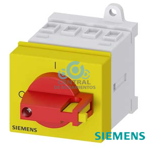 SENTRON, interruptor-seccionador 3LD, Pulsador de parada de emergencia, 3 polos, Iu: 16 A, Potencia de empleo / con AC-23 A a 400 V: 7,5 kW, montaje en armarios de distribución, accionamiento de muletilla, rojo/amarillo, Manilla directamente en el interruptor