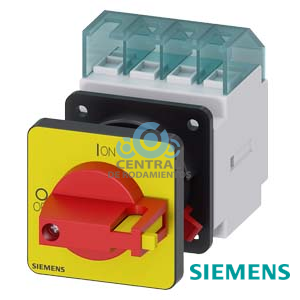 SENTRON, interruptor-seccionador 3LD, Pulsador de parada de emergencia, 3 polos, Iu: 16 A, Potencia de empleo / con AC-23 A a 400 V: 7,5 kW, con fijación frontal, accionamiento de muletilla, rojo/amarillo, fijación central 22,5 mm de la maneta