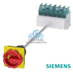 SENTRON, interruptor-seccionador 3LD, Pulsador de parada de emergencia, 6 polos, Iu: 25 A, Potencia de empleo / con AC-23 A a 400 V: 9,5 kW, Fijación en base con acoplamiento de puerta, Accionamiento giratorio, rojo/amarillo, Fijación por 4 taladros de la maneta