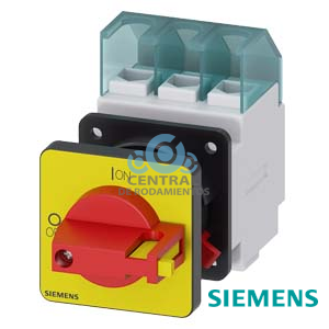 SENTRON, interruptor-seccionador 3LD, Pulsador de parada de emergencia, 3 polos, Iu: 25 A, Potencia de empleo / con AC-23 A a 400 V: 9,5 kW, con fijación frontal, accionamiento de muletilla, rojo/amarillo, fijación central 22,5 mm de la maneta