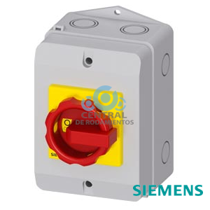SENTRON, interruptor-seccionador 3LD, Pulsador de parada de emergencia, 3 polos, Iu: 32 A, Potencia de empleo / con AC-23 A a 400 V: 11,5 kW, Caja de material aislante para pasacables métrico, Accionamiento giratorio, rojo/amarillo