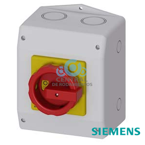 SENTRON, interruptor-seccionador 3LD, Pulsador de parada de emergencia, 3 polos, Iu: 63 A, Potencia de empleo / con AC-23 A a 400 V: 22 kW, Envolvente de material aislante para medida métrica de pasacables, Accionamiento giratorio, rojo/amarillo