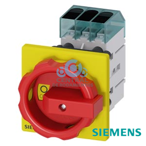 Interruptor-seccionador 3LD3, Iu 25 A interruptor principal de 3 polos potencia asignada de empleo con AC-23 A, con 400V 9,0kW fijación a placa frontal Cuerpo con Fijación a taladro central 22,5 mm Mando de maneta rojo/amarillo 66x66 mm