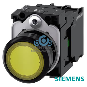 pulsador luminoso, 22 mm, redondo, plástico, amarillo, botón, rasante, momentáneo, con soporte, 1 NA, módulo de LED con LED intgr. 110 V AC, borne de tornillo