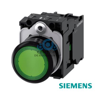 pulsador luminoso, 22 mm, redondo, plastico, verde, boton, rasante, momentaneo, con soporte, 1 NA, modulo de LED con LED intgr. 24 V AC/DC, borne de tornillo