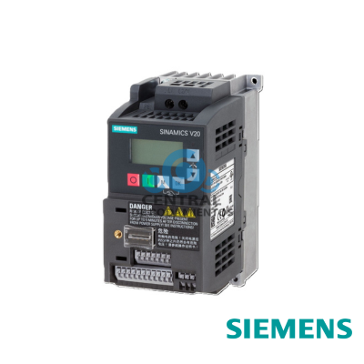 SINAMICS V20 200-240 V 1 AC –10/+10% 47-63 Hz potencia nominal 0,75 kW con sobrecarga del 150 % durante 60 s sin filtrar E/S: 4 DI, 2 DO, 2 AI, 1 AO bus de campo: USS/Modbus RTU con panel de