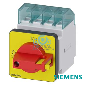 SENTRON, interruptor-seccionador 3LD, Pulsador de parada de emergencia, 3 polos, Iu: 16 A, Potencia de empleo / con AC-23 A a 400 V: 7,5 kW, con fijación frontal, accionamiento de muletilla, rojo/amarillo, Fijación por 4 taladros de la maneta
