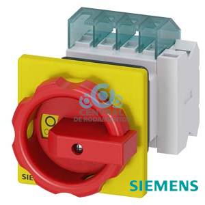 SENTRON, interruptor-seccionador 3LD, Pulsador de parada de emergencia, 4- polos, Iu: 16 A, Potencia de empleo / con AC-23 A a 400 V: 7,5 kW, con fijación frontal, 1NC, 1NA, Accionamiento giratorio, rojo/amarillo, Fijación central 22,5 mm de la maneta