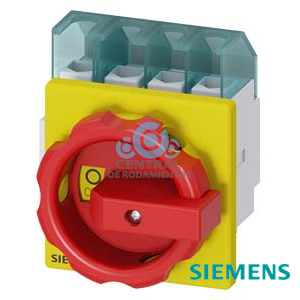 SENTRON, interruptor-seccionador 3LD, Pulsador de parada de emergencia, 4- polos, Iu: 25 A, Potencia de empleo / con AC-23 A a 400 V: 9,5 kW, con fijación frontal, Accionamiento giratorio, rojo/amarillo, Fijación por 4 taladros de la maneta