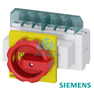 SENTRON, interruptor-seccionador 3LD, Pulsador de parada de emergencia, 6 polos, Iu: 25 A, Potencia de empleo / con AC-23 A a 400 V: 9,5 kW, con fijación frontal, 1NC, 1NA, Accionamiento giratorio, rojo/amarillo, 4 taladros Fijación de la maneta