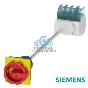 SENTRON, interruptor-seccionador 3LD, Pulsador de parada de emergencia, 4- polos, Iu: 25 A, Potencia de empleo / con AC-23 A a 400 V: 9,5 kW, Fijación en base con acoplamiento de puerta, Accionamiento giratorio, rojo/amarillo, Fijación por 4 taladros de la maneta