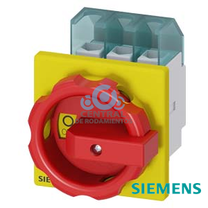 SENTRON, interruptor-seccionador 3LD, Pulsador de parada de emergencia, 3 polos, Iu: 32 A, Potencia de empleo / con AC-23 A a 400 V: 11,5 kW, con fijación frontal, Accionamiento giratorio, rojo/amarillo, Fijación por 4 taladros de la maneta