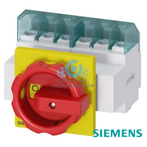 SENTRON, interruptor-seccionador 3LD, Pulsador de parada de emergencia, 6 polos, Iu: 32 A, Potencia de empleo / con AC-23 A a 400 V: 11,5 kW, con fijación frontal, Accionamiento giratorio, rojo/amarillo, Fijación por 4 taladros de la maneta