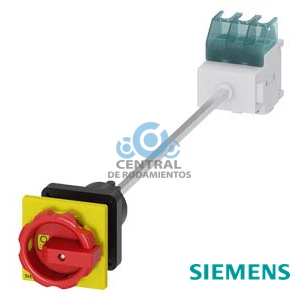 SENTRON, interruptor-seccionador 3LD, Pulsador de parada de emergencia, 3 polos, Iu: 32 A, Potencia de empleo / con AC-23 A a 400 V: 11,5 kW, Fijación en base con acoplamiento de puerta, Accionamiento giratorio, rojo/amarillo, fijación central 22,5 mm de la maneta