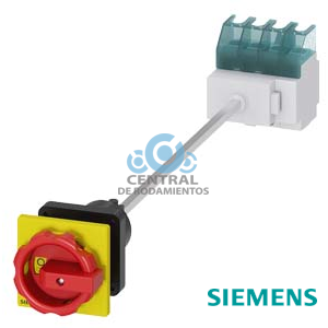 SENTRON, interruptor-seccionador 3LD, Pulsador de parada de emergencia, 4- polos, Iu: 32 A, Potencia de empleo / con AC-23 A a 400 V: 11,5 kW, Fijación en base con acoplamiento de puerta, Accionamiento giratorio, rojo/amarillo, fijación central 22,5 mm de la maneta