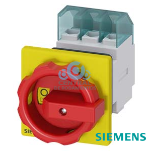 SENTRON, interruptor-seccionador 3LD, Pulsador de parada de emergencia, 3 polos, Iu: 32 A, Potencia de empleo / con AC-23 A a 400 V: 11,5 kW, con fijación frontal, Accionamiento giratorio, rojo/amarillo, fijación central 22,5 mm de la maneta