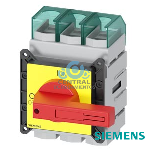 SENTRON, interruptor-seccionador 3LD, Pulsador de parada de emergencia, 3 polos, Iu=250A, Potencia de empleo / con AC-23 A a 400 V: 132 kW, con fijación frontal, accionamiento de muletilla, rojo/amarillo, Fijación por 4 taladros de la maneta