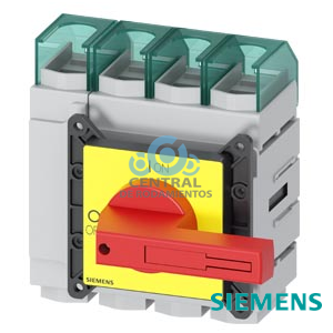 SENTRON, interruptor-seccionador 3LD, Pulsador de parada de emergencia, 4- polos, Iu=250A, Potencia de empleo / con AC-23 A a 400 V: 132 kW, con fijación frontal, accionamiento de muletilla, rojo/amarillo, Fijación por 4 taladros de la maneta
