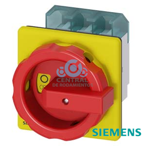 SENTRON, interruptor-seccionador 3LD, Pulsador de parada de emergencia, 3 polos, Iu: 63 A, Potencia de empleo / con AC-23 A a 400 V: 22 kW, con fijación frontal, Accionamiento giratorio, rojo/amarillo, Fijación por 4 taladros de la maneta