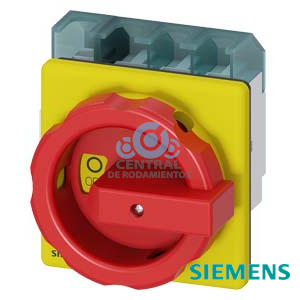 SENTRON, interruptor-seccionador 3LD, Pulsador de parada de emergencia, 4- polos, Iu: 63 A, Potencia de empleo / con AC-23 A a 400 V: 22 kW, con fijación frontal, Accionamiento giratorio, rojo/amarillo, Fijación por 4 taladros de la maneta