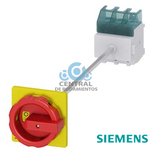 SENTRON, interruptor-seccionador 3LD, Pulsador de parada de emergencia, 3 polos, Iu: 63 A, Potencia de empleo / con AC-23 A a 400 V: 22 kW, Fijación en base con acoplamiento de puerta, Accionamiento giratorio, rojo/amarillo, Fijación por 4 taladros de la maneta