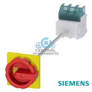 SENTRON, interruptor-seccionador 3LD, Pulsador de parada de emergencia, 3 polos, Iu: 63 A, Potencia de empleo / con AC-23 A a 400 V: 22 kW, Fijación en base con acoplamiento de puerta, Accionamiento giratorio, rojo/amarillo, Fijación por 4 taladros de la maneta