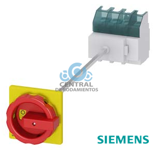 SENTRON, interruptor-seccionador 3LD, Pulsador de parada de emergencia, 4- polos, Iu: 63 A, Potencia de empleo / con AC-23 A a 400 V: 22 kW, Fijación en base con acoplamiento de puerta, Accionamiento giratorio, rojo/amarillo, Fijación por 4 taladros de la maneta