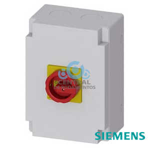 SENTRON, interruptor-seccionador 3LD, Pulsador de parada de emergencia, 6 polos, Iu: 63 A, Potencia de empleo / con AC-23 A a 400 V: 22 kW, Envolvente de material aislante para medida métrica de pasacables, 1NC, 1NA, Accionamiento giratorio, rojo/amarillo