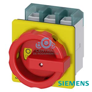 SENTRON, interruptor-seccionador 3LD, Pulsador de parada de emergencia, 3 polos, Iu: 100 A, Potencia de empleo / con AC-23 A a 400 V: 37 kW, con fijación frontal, Accionamiento giratorio, rojo/amarillo, Fijación por 4 taladros de la maneta