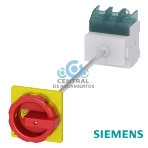 SENTRON, interruptor-seccionador 3LD, Pulsador de parada de emergencia, 3 polos, Iu: 100 A, Potencia de empleo / con AC-23 A a 400 V: 37 kW, Fijación en base con acoplamiento de puerta, Accionamiento giratorio, rojo/amarillo, Fijación por 4 taladros de la maneta