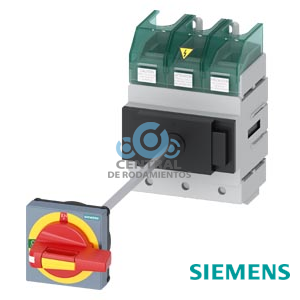 SENTRON, interruptor-seccionador 3LD5 UL, interruptor de parada de emergencia, 3 polos, aprobado según UL 489, UL 60947-4-1 e IEC 60947-3, UL: 100 A, SCCR 65 kA a 480 V AC, potencia de empleo a 480 V AC trifás.: 60 hp, IEC: 100 A, potencia de empleo con 23 A AC a 400 V: 45 kW, fijación en base con acoplamiento de puerta, variante neutralizable de accionamiento giratorio, parada de emergencia, 4 taladros fijación de la maneta sin compensación de tolerancia incluye tapas cubrebornes para el lado de alimentación