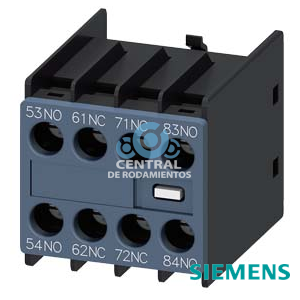 bloque de contactos auxiliares, por el frente, 2 NA + 2 NC, 53/54, 61/62, 71/72, 83/84, circuito: 1 NA, 1 NC, 1 NC, 1 NA, borne de tornillo, con codificación física, solo con contactores auxiliares 3RH2140 y 3RH2440 combinable (según EN 50011)