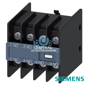bloque de contactos auxiliares, por el frente, 3 NA + 1 NC, .1/.2, .3/.4, .3/.4, .3/.4, circuito: 1 NC, 1 NA, 1 NA, 1 NA, conexión por terminal de cable de ojal, para contactores 3RT2 y contactores auxiliares 3RH2