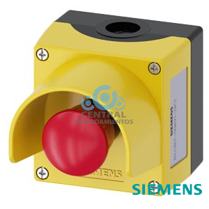 caja para aparatos de mando, 22 mm, redondo, caja de plástico, parte superior de la caja en amarillo, 1 punto de mando de plástico, con collar de protección, A=pulsador de seta de PARADA DE EMERGENCIA color rojo 40 mm, desenclavamiento por giro, 1NC, bornes de tornillo, fijación en base, arriba y abajo 1xM20