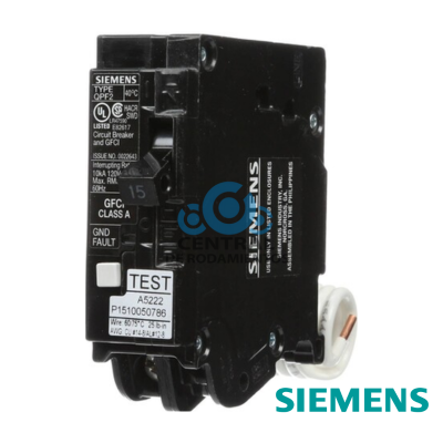 Siemens Low Voltage Interruptores automáticos residenciales Interruptores automáticos pequeños GFCI Interruptor 20 Amperios, 1Polo, 120 V, 10kA máxima de corriente por cortocircuito sin dañarse, QPF2, GFCI, 5MA