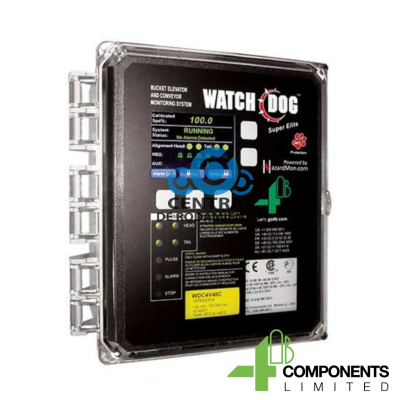 Sistema Watchdog™ Super Elite para monitoreo de elevadores o bandas. Detecta alarmas por sensores y permite control de apagado. Con pantalla LCD y conexión Modbus/Cloud.
